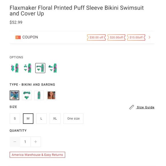 Flaxmaker Floral Printed Puff Sleeve Bikini Swimsuit and Sarong - Picture 12 of 12